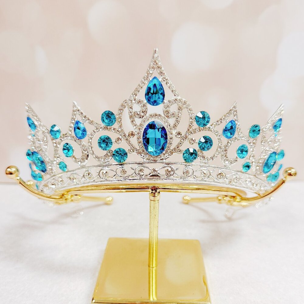 Silver crystal tiara, ocean blue crystal crown, princess tiara, vintage crown